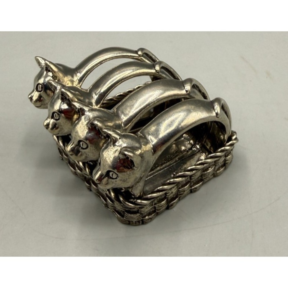 Vtg 80s Kitty Cats in Basket Pewter Napkin Rings Set of 4 Seagull Canada